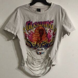 Shein women’s crop top glowing graphic front distressed white.XS